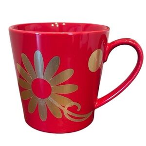Starbucks Red and Gold Floral Coffee Mug Cup 2014 Wide Rim